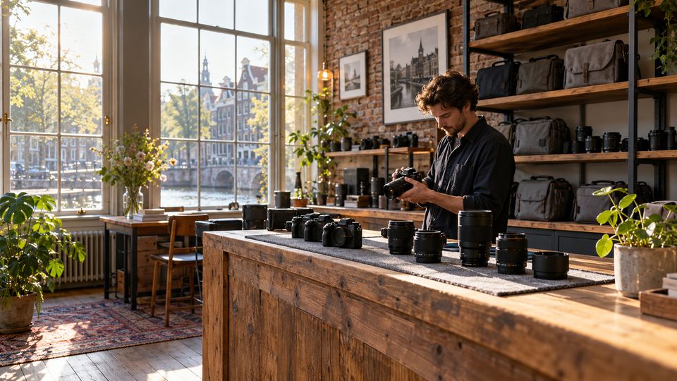 Houten toonbank met camera's en objectieven op een grijze vilten mat in een winkel met oude ramen en bakstenen muren Houten toonbank met camera's en objectieven op een grijze vilten mat in een winkel met oude ramen en bakstenen muren