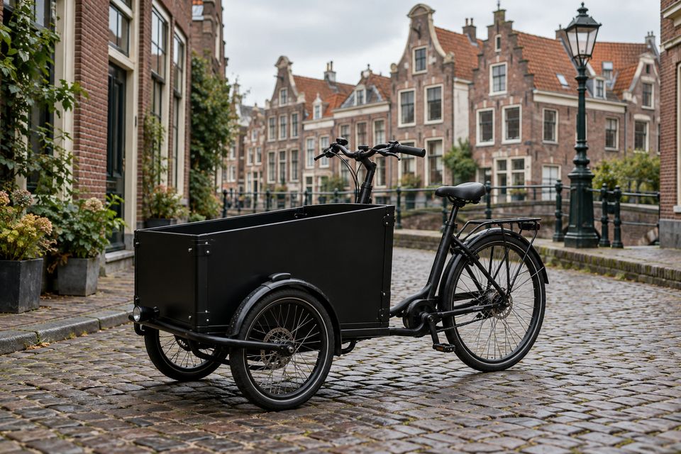 Bakfiets met zwarte transportbak geparkeerd op een kinderhoofdjesstraat tussen oude gevels