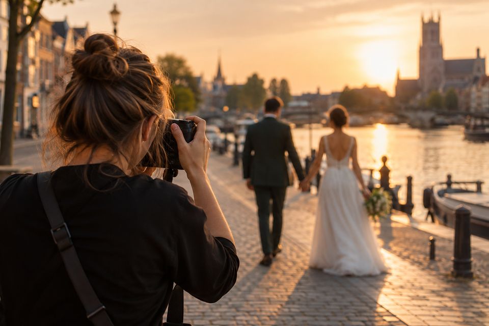 Fotograaf fotografeert een bruidspaar dat langs een rivierkade loopt bij zonsondergang Fotograaf fotografeert een bruidspaar dat langs een rivierkade loopt bij zonsondergang