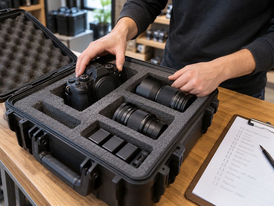 Handen pakken een camera en objectieven in een koffer met grijs schuim, met een checklist ernaast Handen pakken een camera en objectieven in een koffer met grijs schuim, met een checklist ernaast