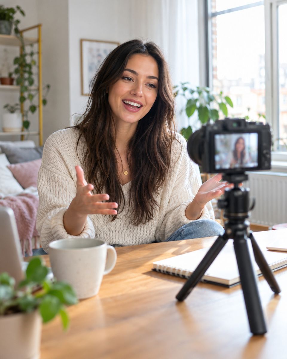 Vlogger praat lachend in een kleine camera op een tafelstatief in een licht appartement Vlogger praat lachend in een kleine camera op een tafelstatief in een licht appartement