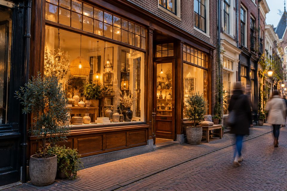 Smalle historische winkelgevel met een grote houten etalage in een voetgangersstraat in de vroege avond Smalle historische winkelgevel met een grote houten etalage in een voetgangersstraat in de vroege avond