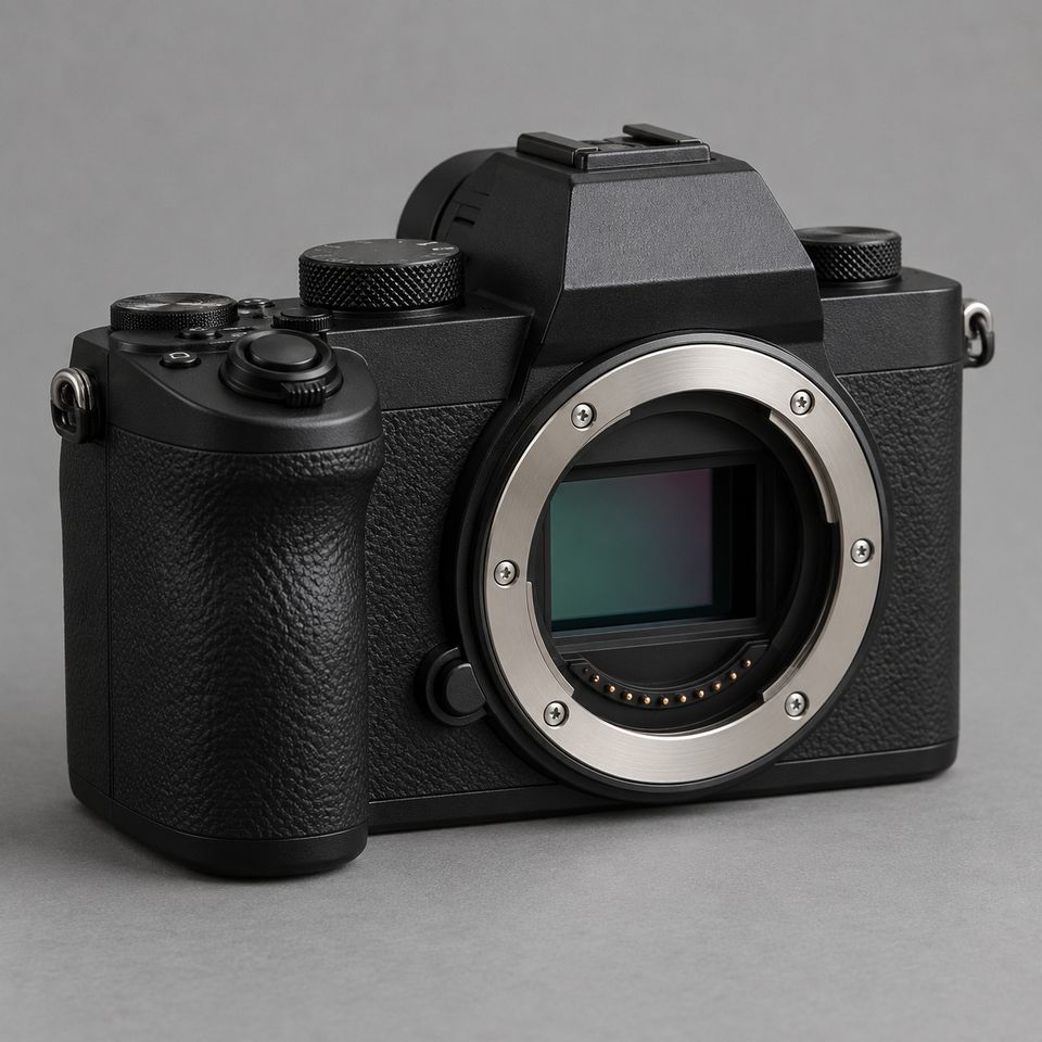 Systeemcamera zonder objectief op een grijze achtergrond Systeemcamera zonder objectief op een grijze achtergrond