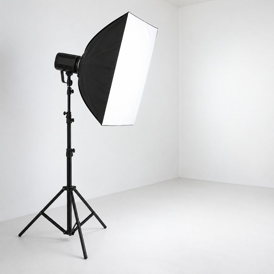 LED-studiolamp met softbox op een statief in een witte studio LED-studiolamp met softbox op een statief in een witte studio
