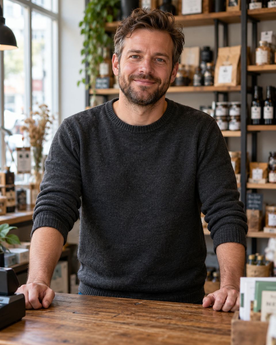 Daan Wessels achter de houten toonbank van de winkel Daan Wessels achter de houten toonbank van de winkel