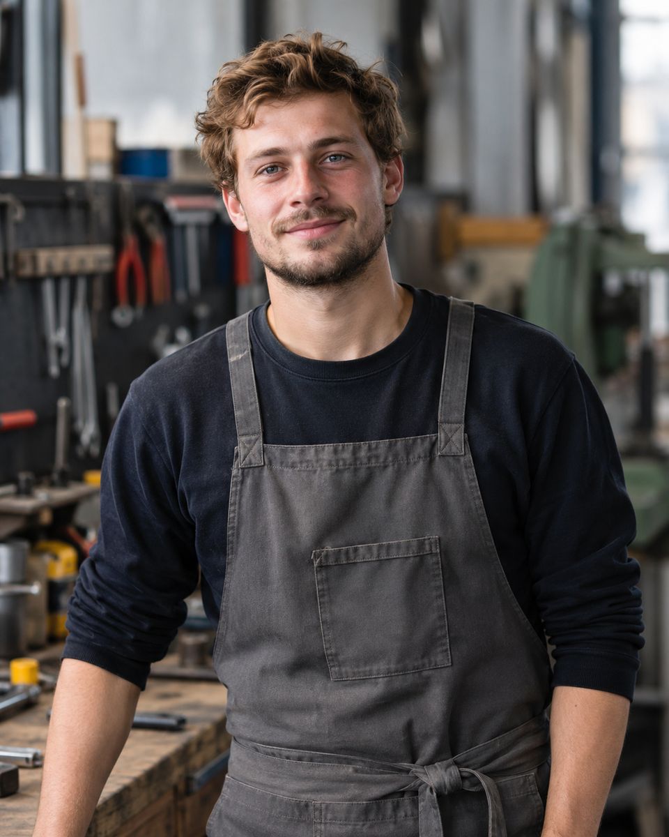 Technicus Ruben Tijhuis in een grijze werkschort in de werkplaats