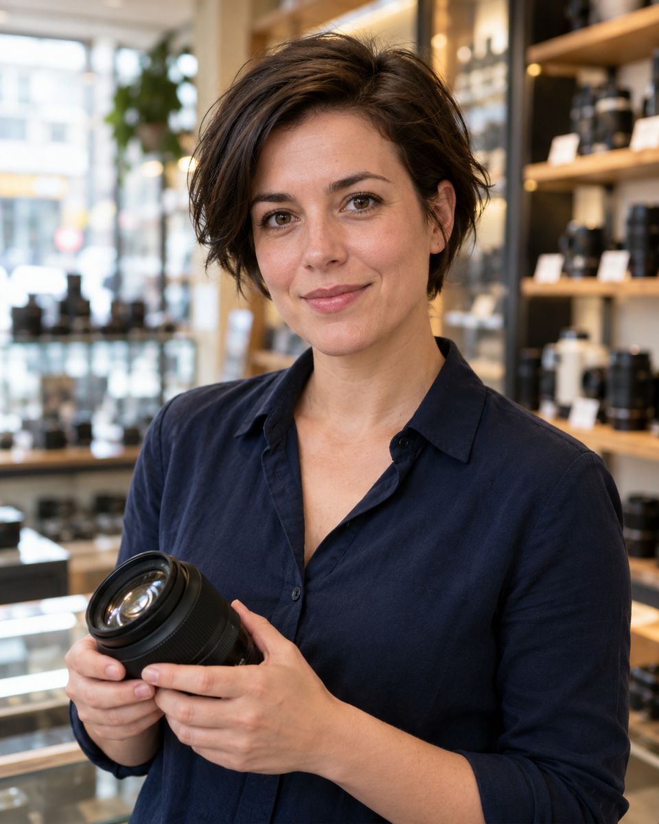 Yara Bosman met een objectief in haar handen tussen de schappen van de winkel Yara Bosman met een objectief in haar handen tussen de schappen van de winkel