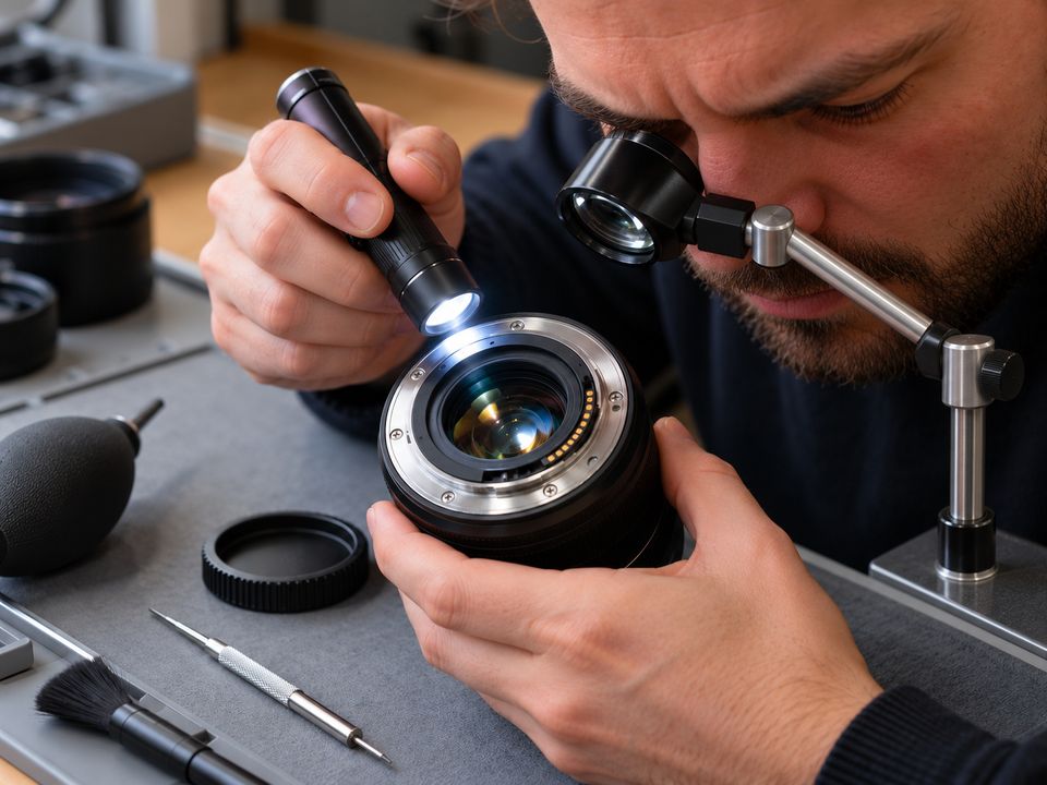 Technicus bekijkt een objectief met een zaklamp en loep aan een werkbank
