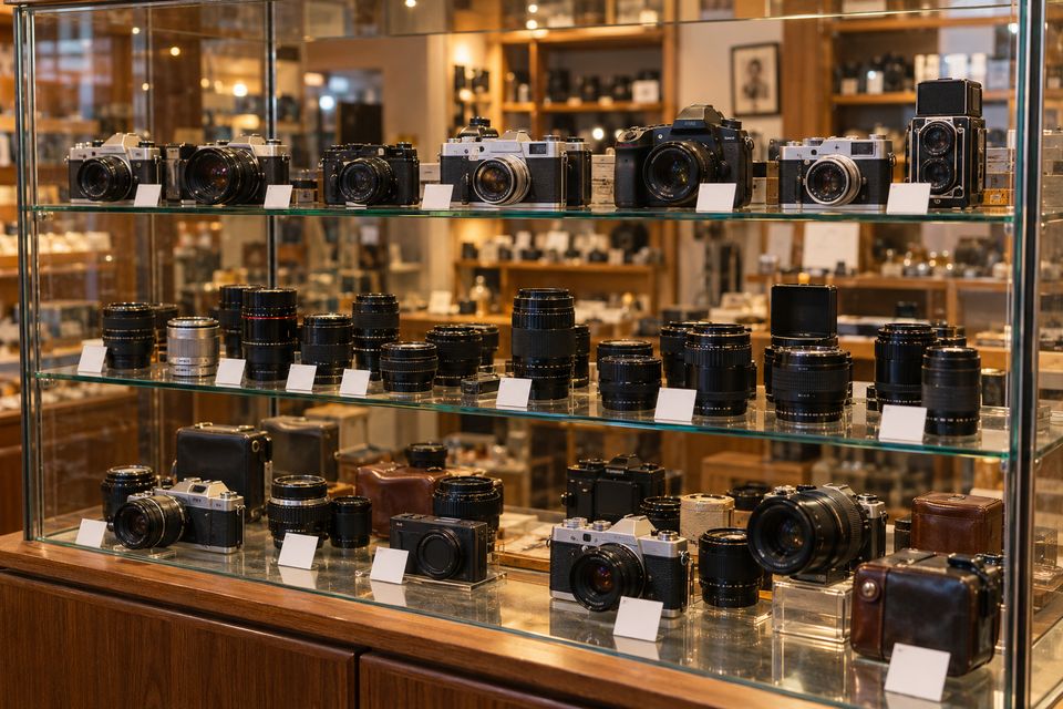 Glazen vitrine met gebruikte camera's en objectieven, elk met een wit prijskaartje Glazen vitrine met gebruikte camera's en objectieven, elk met een wit prijskaartje