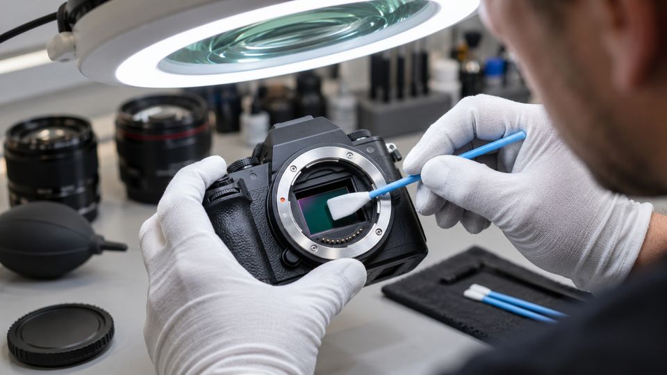 Technicus met witte handschoenen reinigt de sensor van een camera onder een loeplamp Technicus met witte handschoenen reinigt de sensor van een camera onder een loeplamp